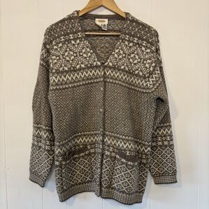Talbots Small Nordic Fair Isle 100% Wool Button Down Cardigan/Sweater Beige/Tan